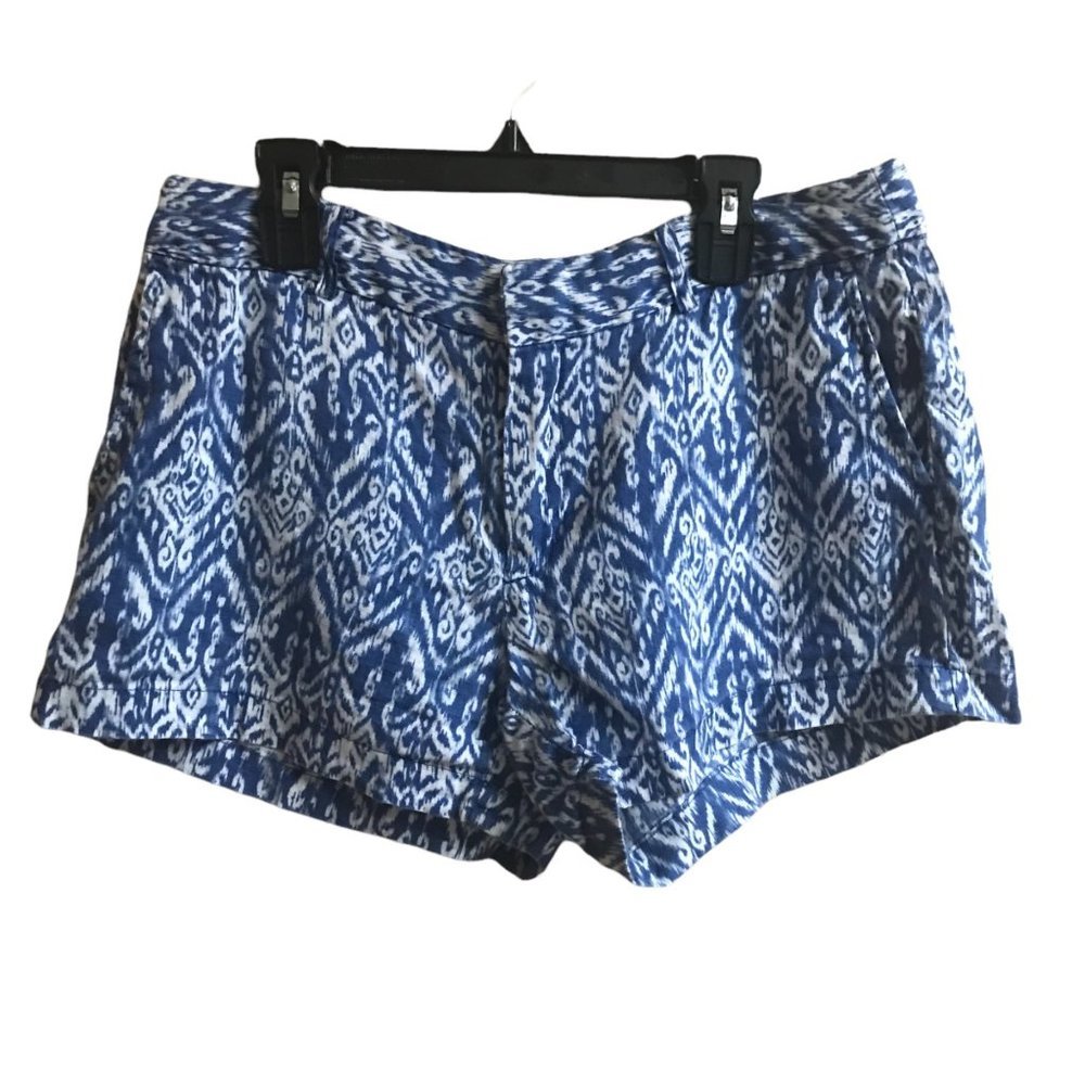 Cynthia Rowley Women Shorts Sz 4 100% Linen Front Back Pockets Blue White Print